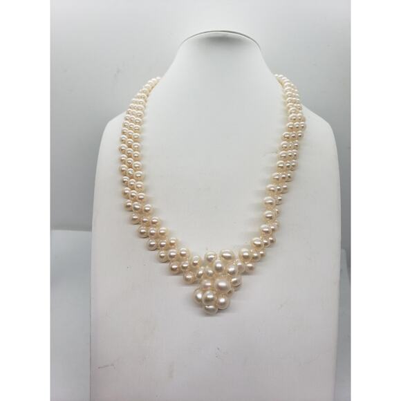 Vintage Freshwater Pearl Necklace 3 Strand & White Cluster Center woven - Picture 2 of 15